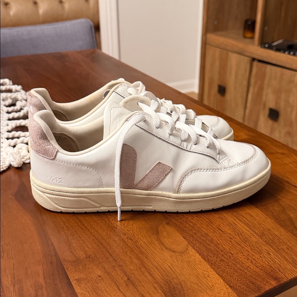 Veja V-12 White Leather Women's Sneaker with Blush Accent